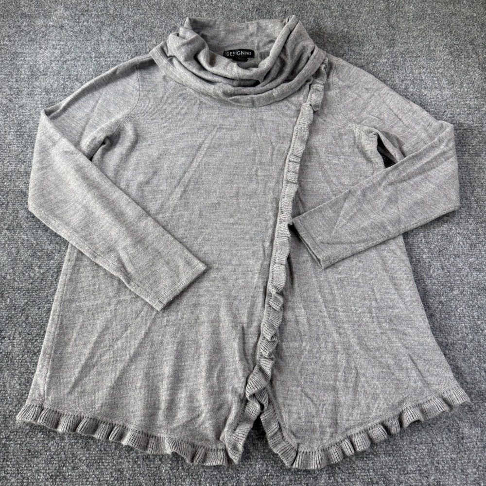 Design 365 Sweater Cowl Neck Ruffle Trim Gray Acrylic Long Sleeve Size M